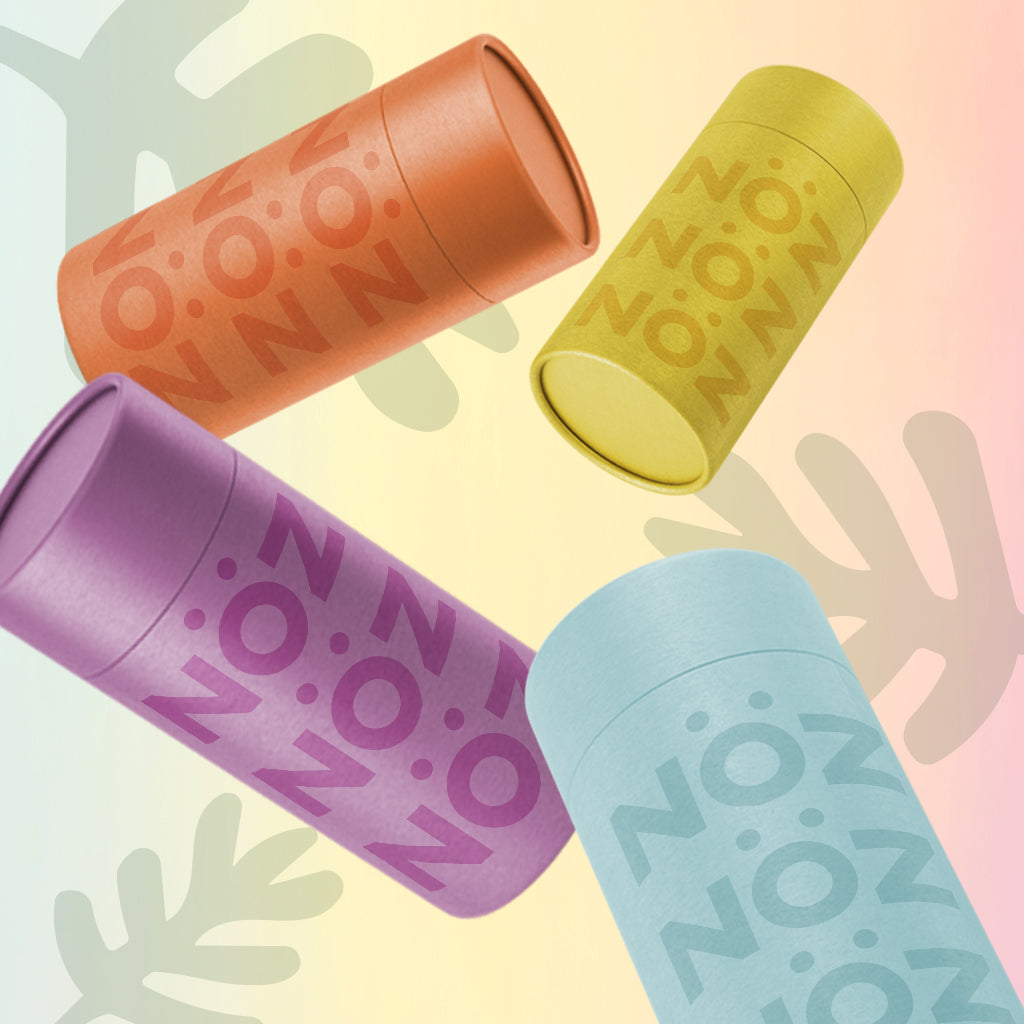 Colorful packaging of Nöz sunscreen in a variety of colors that are offered